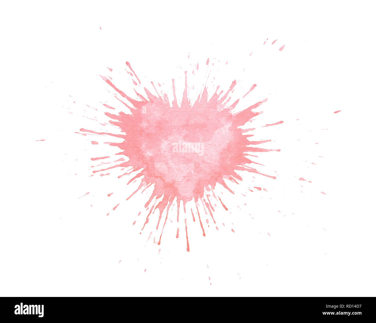 Dipinto a mano acquerello splash texture in forma di cuore. Vernice rosa blob isolato su uno sfondo bianco per le carte di pagamento o il giorno di San Valentino cartoline. Foto Stock