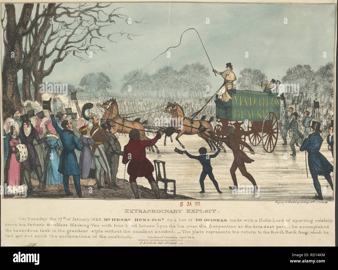 Exploit straordinario". "Martedì 17 gennaio 1826, il sig. Henry Hunt Junior per una scommessa di 100 Guinea ... guidato del padre suo inimitabile oscuramento Van, con quattro cavalli di sangue, su ghiaccio al di sopra della serpentina presso la più ampia parte... La piastra rappresenta il suo ritorno di successo per la banca del Nord .. . Frostiana; o una storia del fiume Tamigi in uno stato congelato, con un conto del grave ritardo gelo; ... a cui si è aggiunta l'arte del pattinaggio. Londra : G. Davis, 1814. Fonte: 840.m.27.(3) dopo la pagina 30. Autore: Ingray & Madeley. Foto Stock