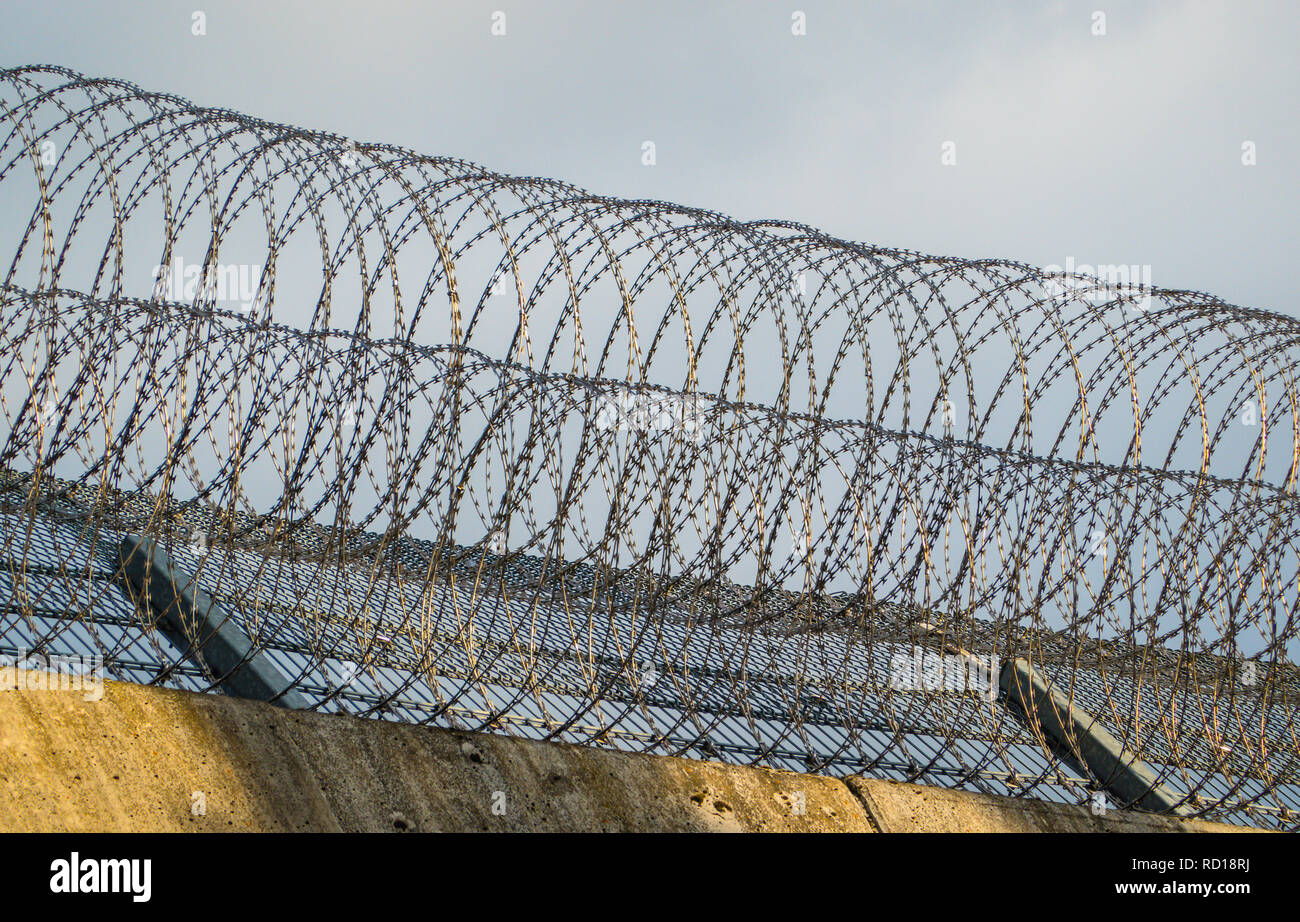 Filo spinato rotola sul bordo della parete di un carcere in Germania. Foto Stock