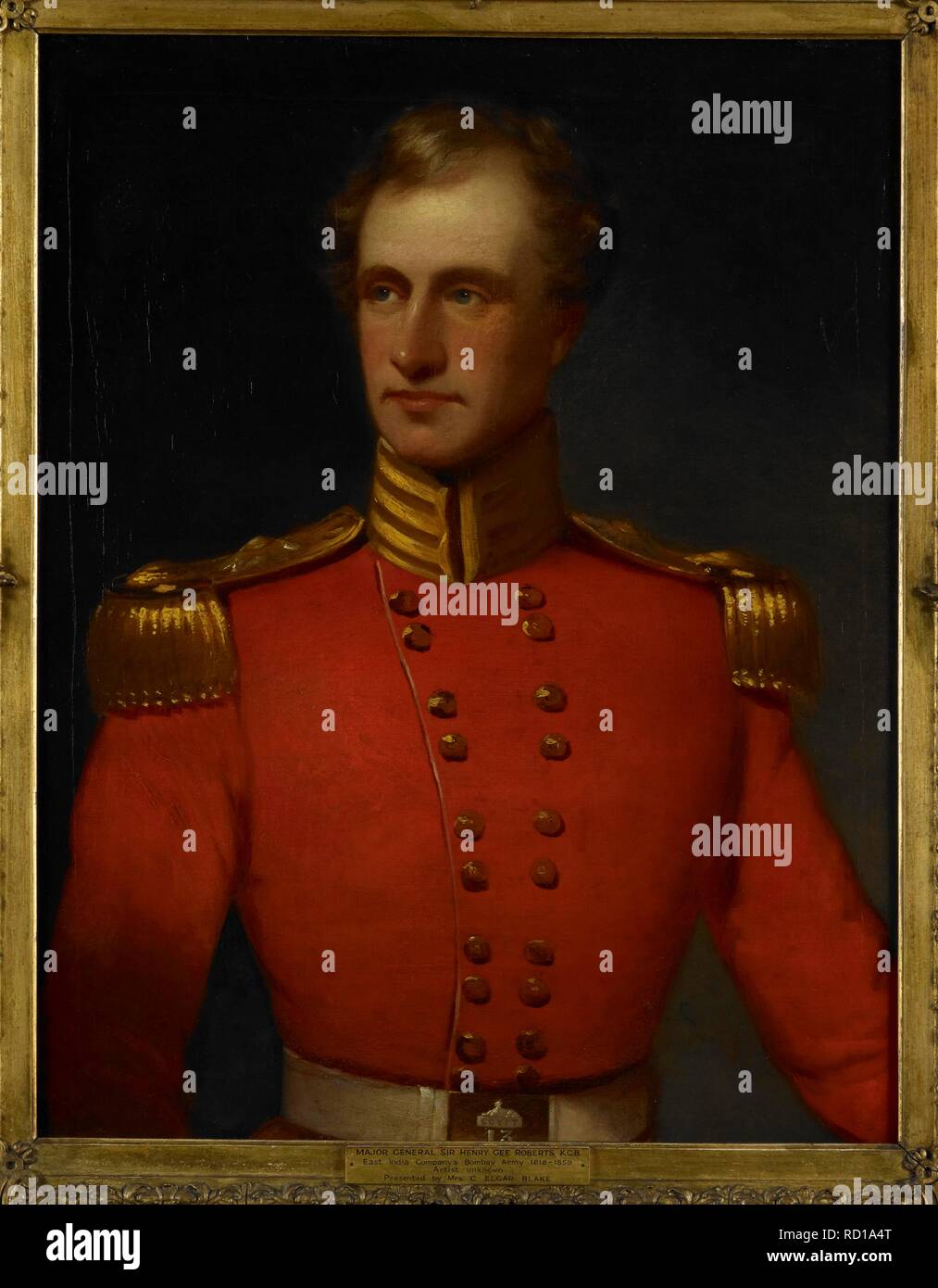 General Maggiore Sir Henry Gee Roberts (1800-60), c.1830 una mezza lunghezza verticale mostrante un biondo giovane in un rosso uniforme con oro epaulettes e treccia. Roberts ha servito con l'esercito di Bombay 1818-59. Egli divenne un capitano nel 1824 e nel 1825 aveva ordinato il Residentâ€™s Escort nel della frizione e successivamente della frizione irregolare a cavallo. Egli è stato assistente per i residenti per un periodo di tempo. Dopo tre anni furlough in Inghilterra, tornò a sollevare un reggimento di soldati di cavalleria irregolare nel Gujerat che egli ha comandato fino al 1841. In che anno è diventato un tenente colonnello e nel 1843 ha preso parte a Sir Charles Napierâ€™s Sind Foto Stock