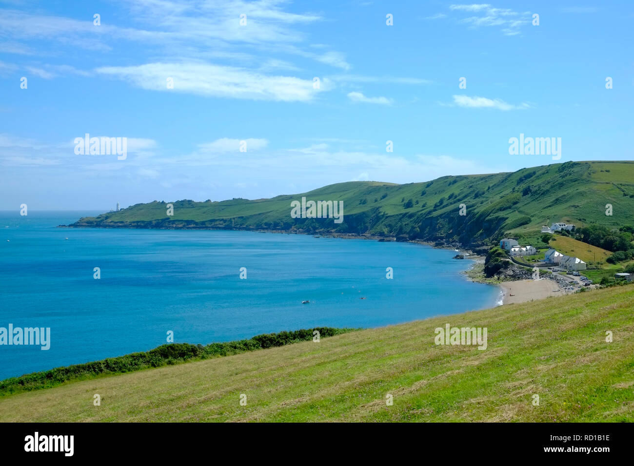 Vista attraverso Start Bay fino al punto di partenza con Hallsands sulla destra. Torcross, Beesands, South Hams. Devon. REGNO UNITO Foto Stock