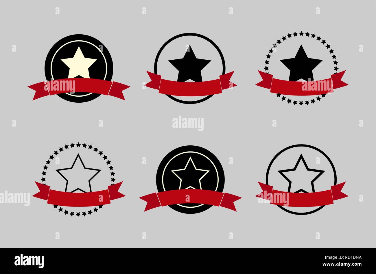 Sei round medaglioni con un nastro rosso per i vincitori Illustrazione Vettoriale