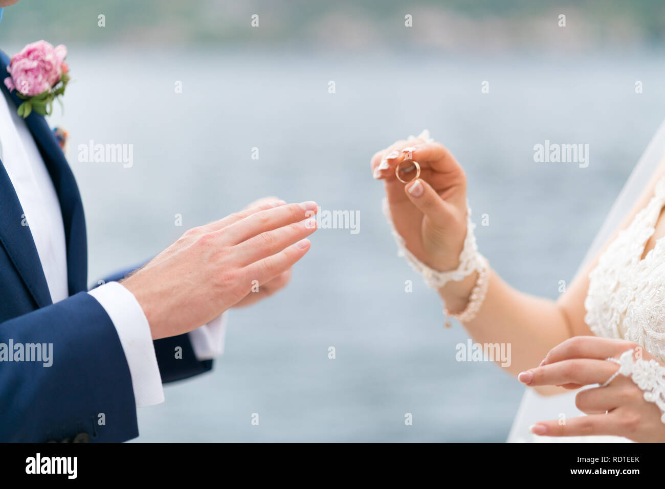 Sposa mette un anello sul govern dito Foto Stock
