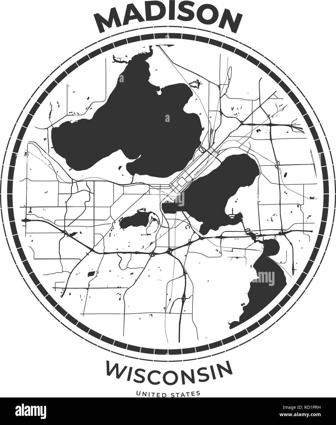 T-shirt badge mappa di Madison, Wisconsin. Tee shirt Tipografia stampa etichetta emblema distintivo. Illustrazione Vettoriale Illustrazione Vettoriale
