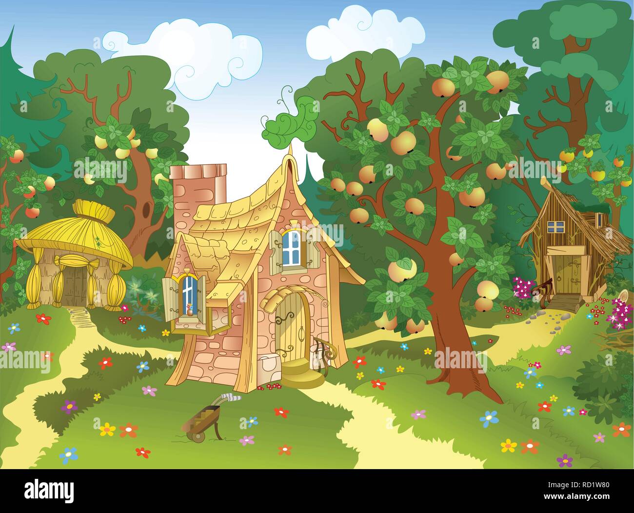 La figura mostra tre diverse favolosa casa in una radura della foresta e un apple Orchard. Illustrazione può essere uno sfondo di gioco per rappresentare l'auto Illustrazione Vettoriale