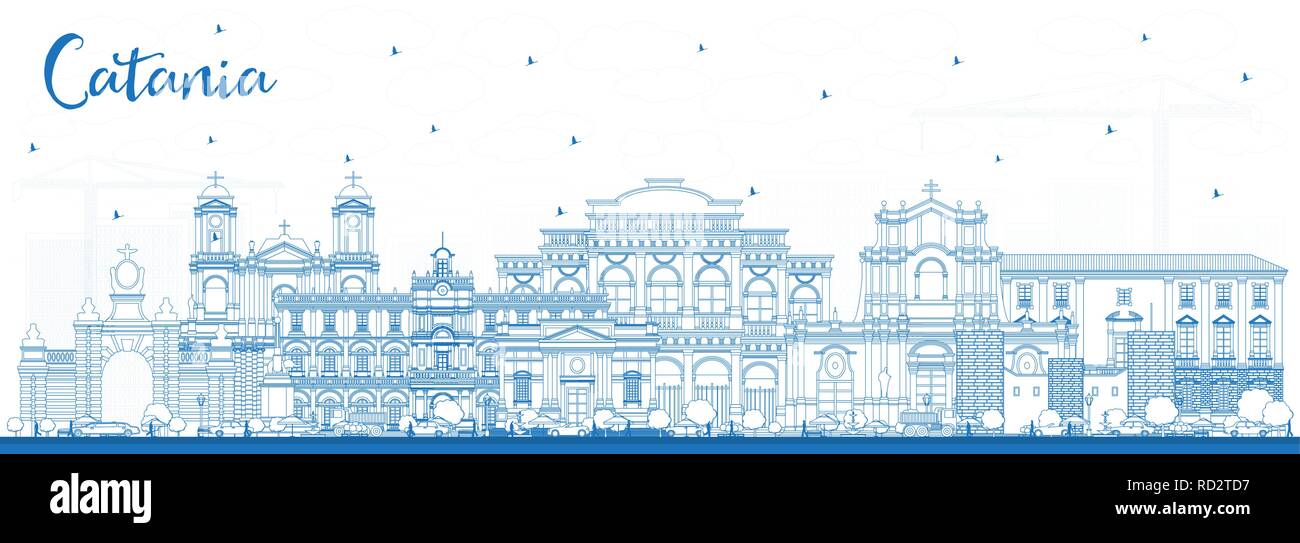 Delineare Catania Italia skyline della città con edifici di colore blu. Illustrazione Vettoriale. Viaggi di affari e di turismo con il concetto di architettura storica. Illustrazione Vettoriale