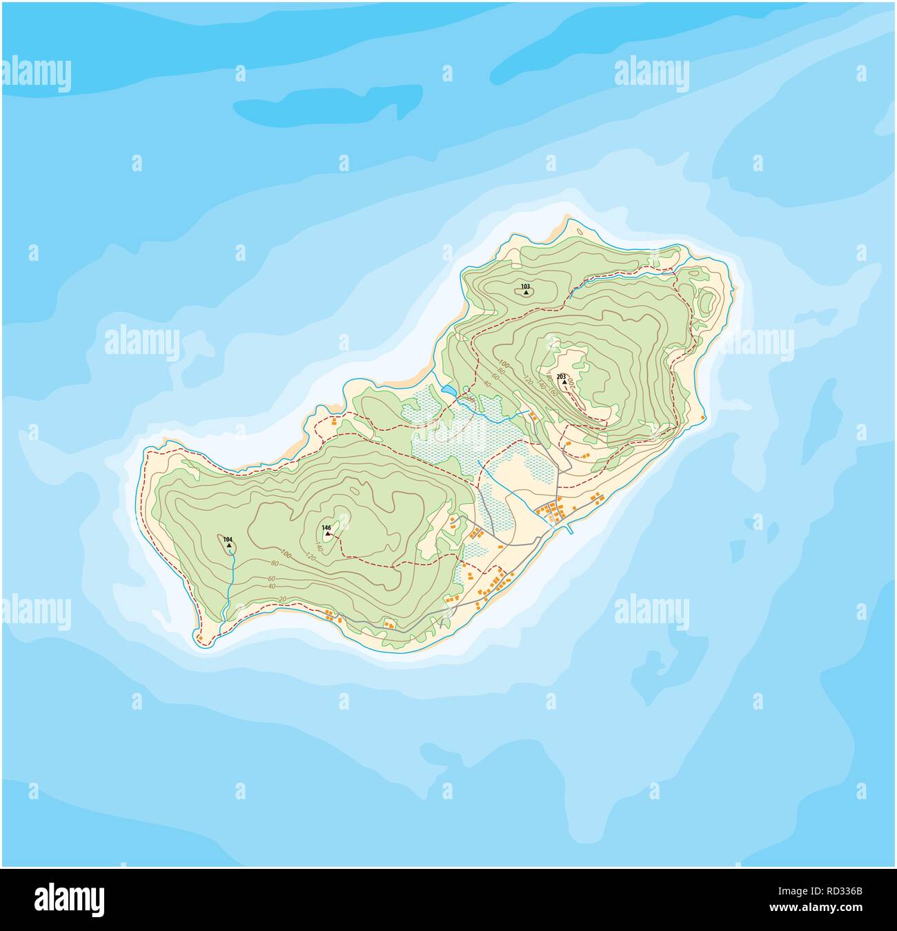 Isola di astratto modello mappa topografica con altezze e linee di profonda Illustrazione Vettoriale