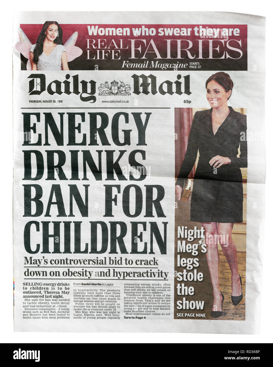 La prima pagina del Daily Mail dal 30 agosto 2018 con il titolo bevande energetiche il divieto per i bambini Foto Stock