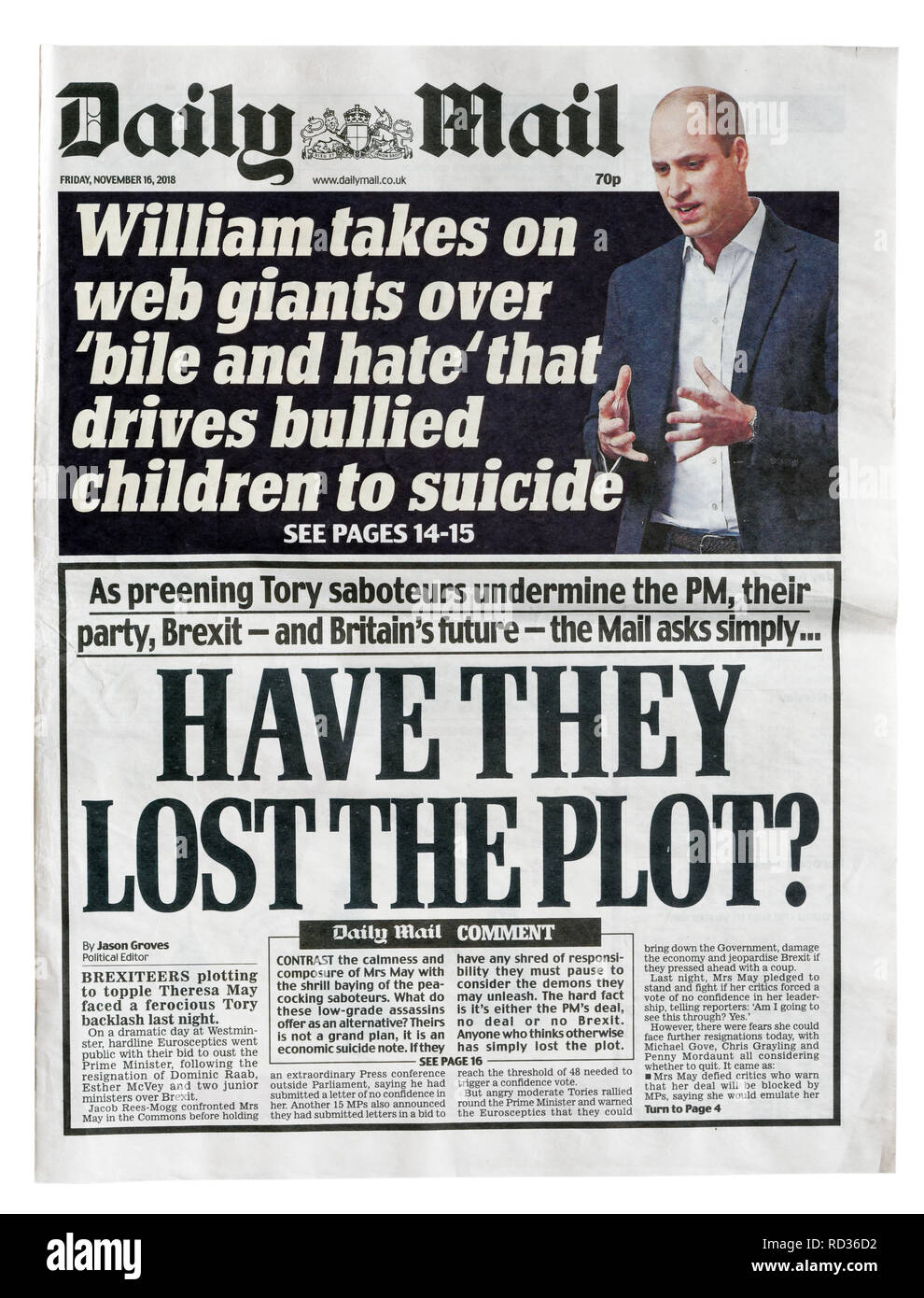Il lato anteriore della pagina dal Daily Mail dal 16 novembre 2018 con il titolo essi hanno perduto la trama, circa il Tory tentativi di bloccare Theresa Maggio Brexit della trattativa Foto Stock