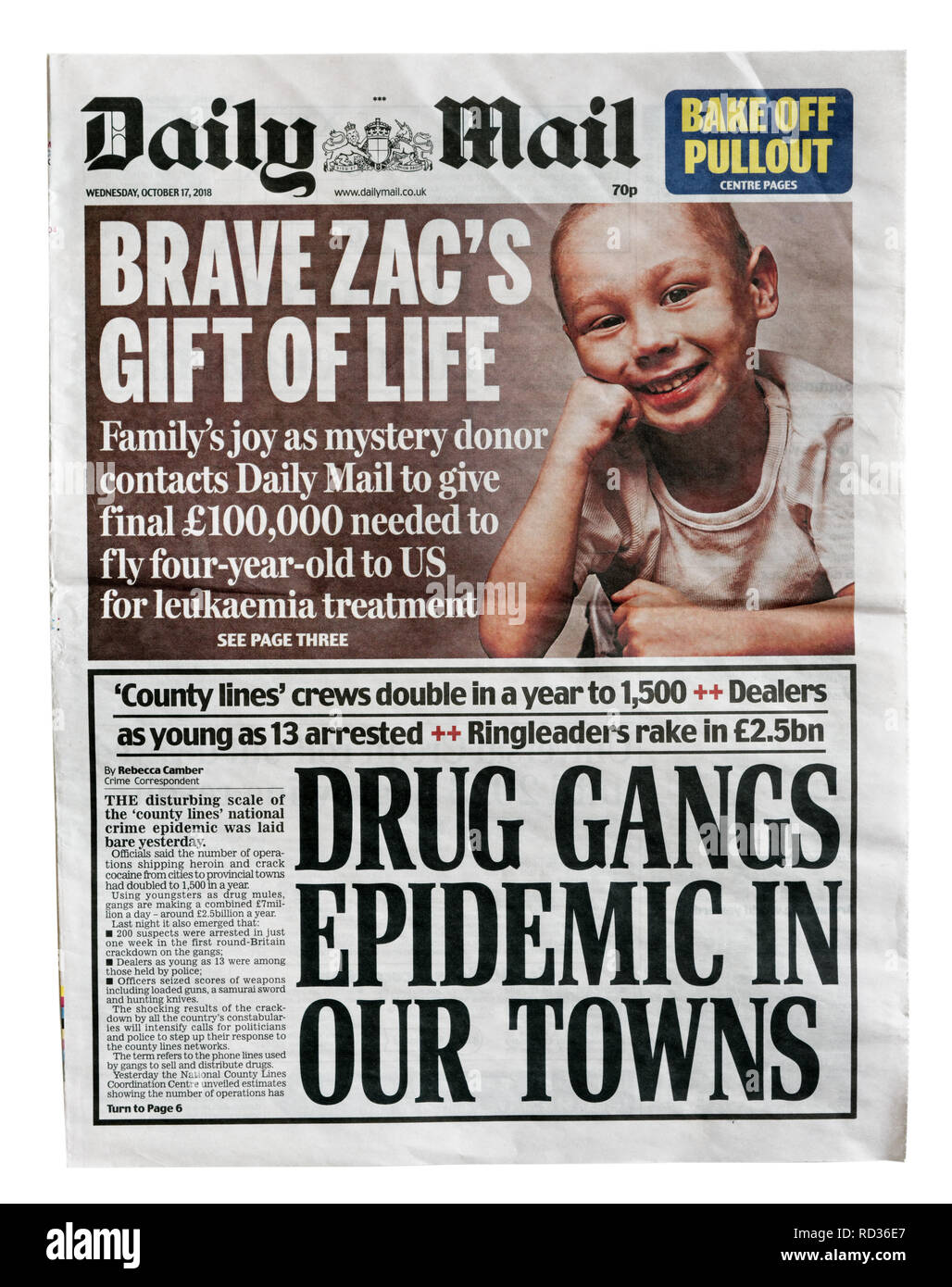 La prima pagina del Daily Mail dal 17 ottobre 2018 con il titolo le bande di spacciatori epidemia nelle nostre città, sulle linee della contea di trafficanti di droga Foto Stock