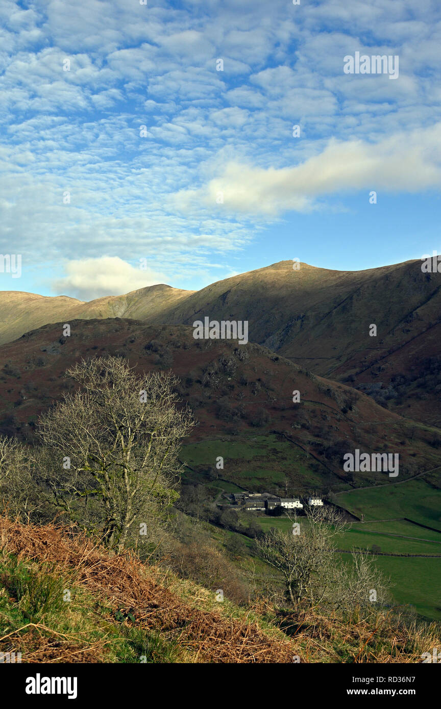 La linguetta e Troutbeck Park Farm. Troutbeck, Parco Nazionale del Distretto dei Laghi, Cumbria, England, Regno Unito, Europa Foto Stock