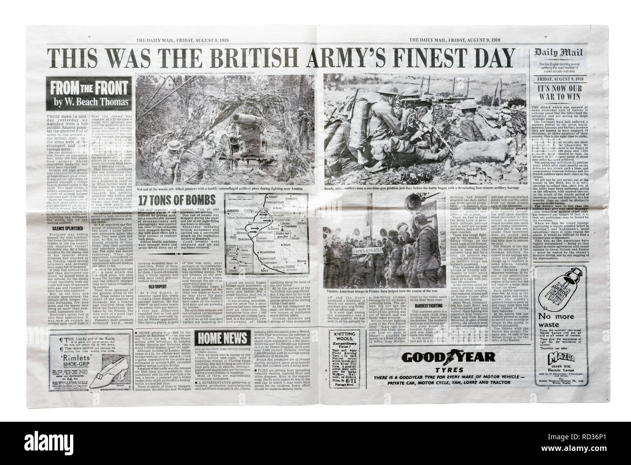 Pagine intermedie di una riproduzione Daily Mail dal 9 agosto 1918 con il titolo di questo è stato l'esercito britannico dei migliori di giorno, un articolo di W Beach Thomas Foto Stock