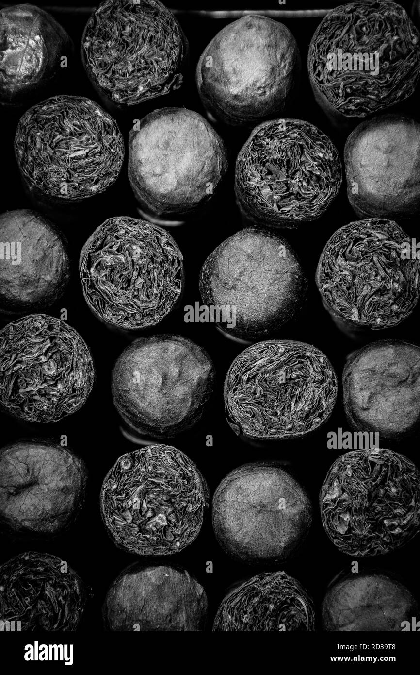 Sigari: Sigari cubani - Close up di lusso arrotolate a mano importate sigari. Sigaro tradizionale dello sfondo. Foto Stock