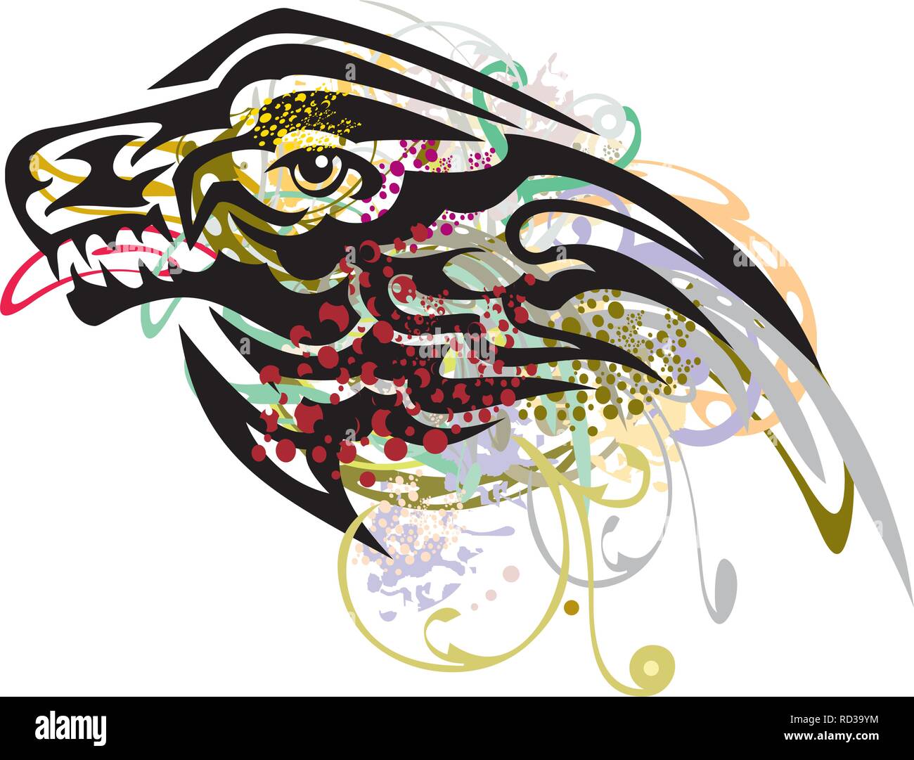 Grunge aggressiva di testa di lupo con un falco all'interno. Tribal arrabbiato ha raggiunto un picco testa di lupo con motivi floreali colorati schizzi su sfondo bianco Illustrazione Vettoriale