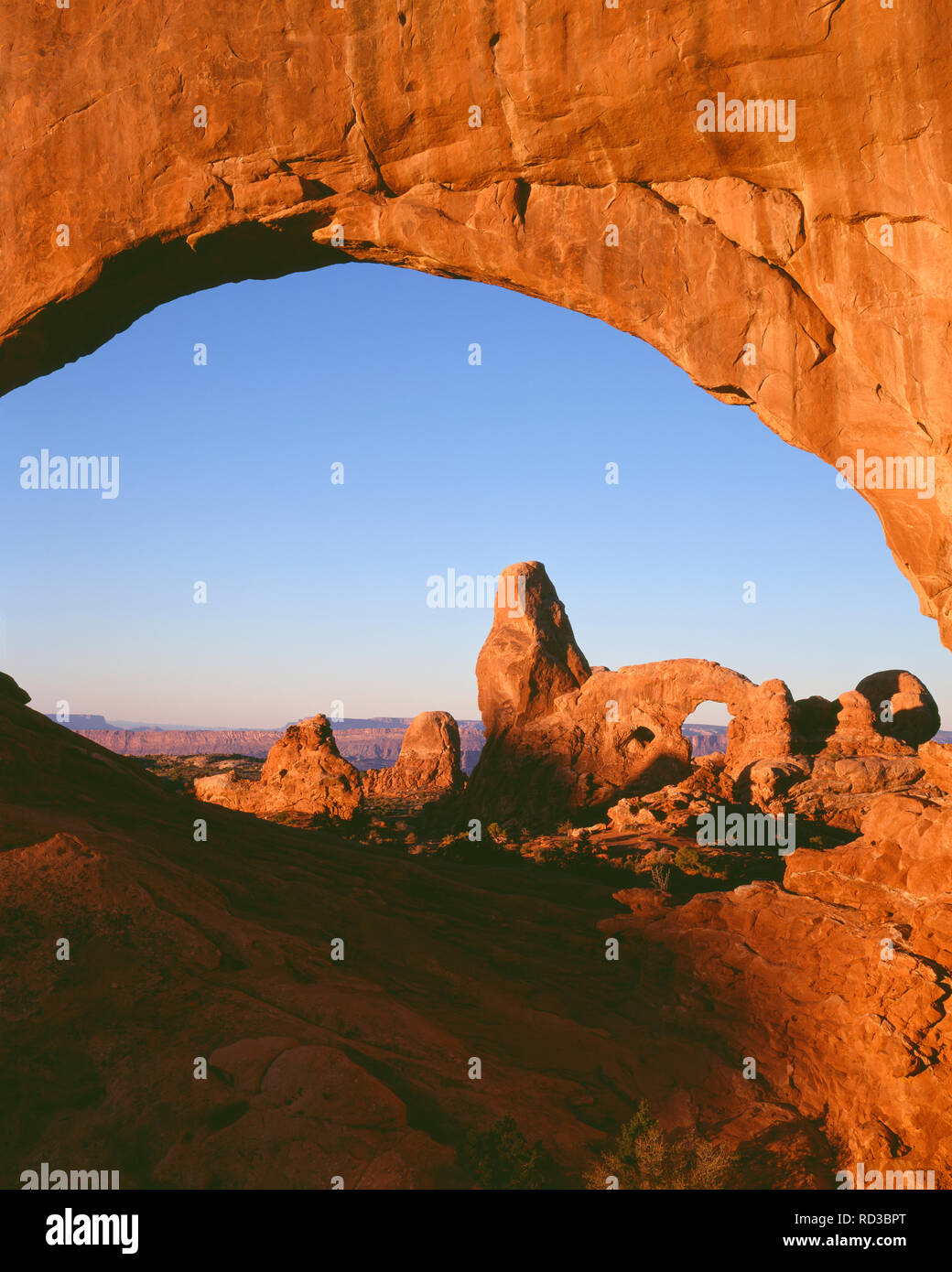 Stati Uniti d'America, Utah, Arches National Park, sunrise mette in evidenza Entrada Arenaria di Torretta distanti Arch come visto attraverso la finestra del nord nella sezione Windows. Foto Stock