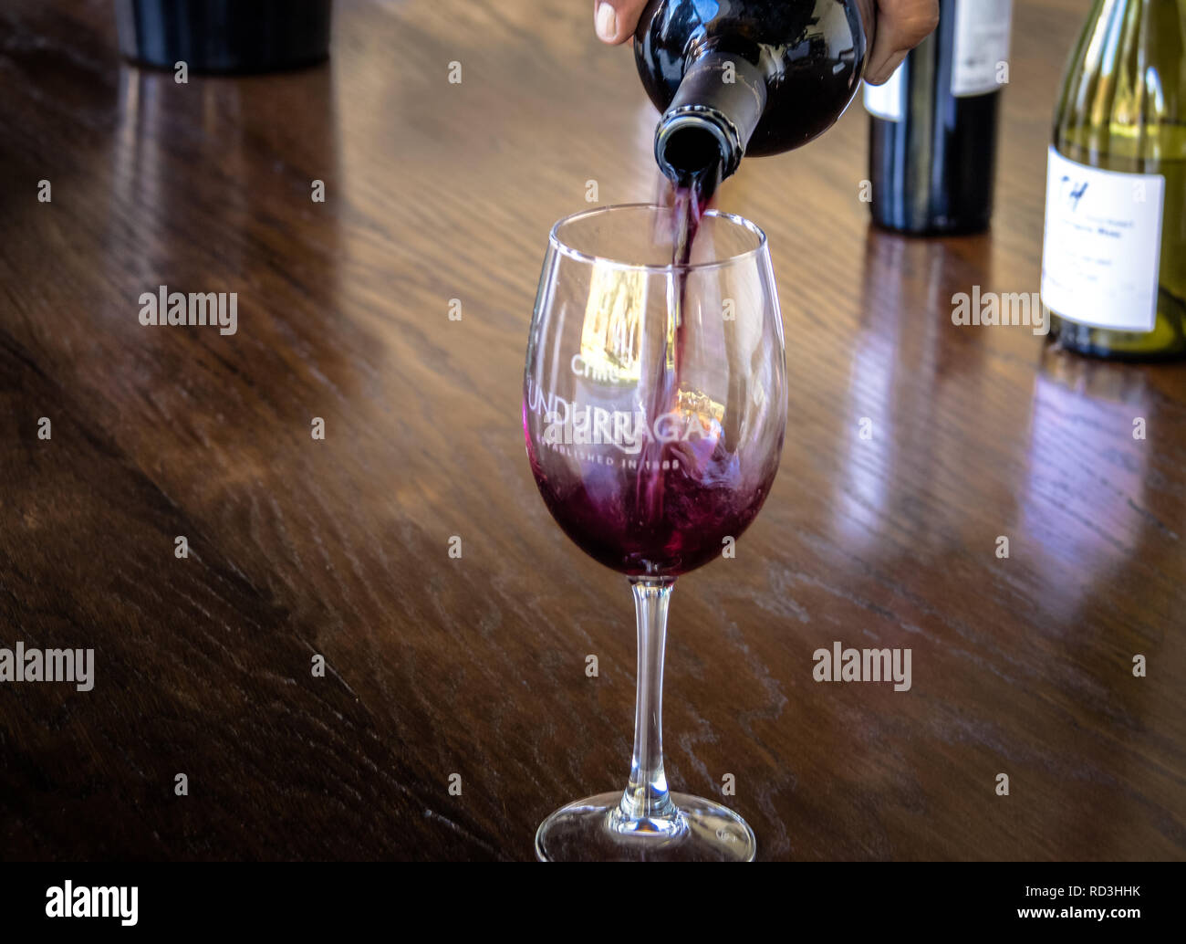 Un bicchiere di vino al vigneto Undurraga - Santiago del Cile Foto Stock