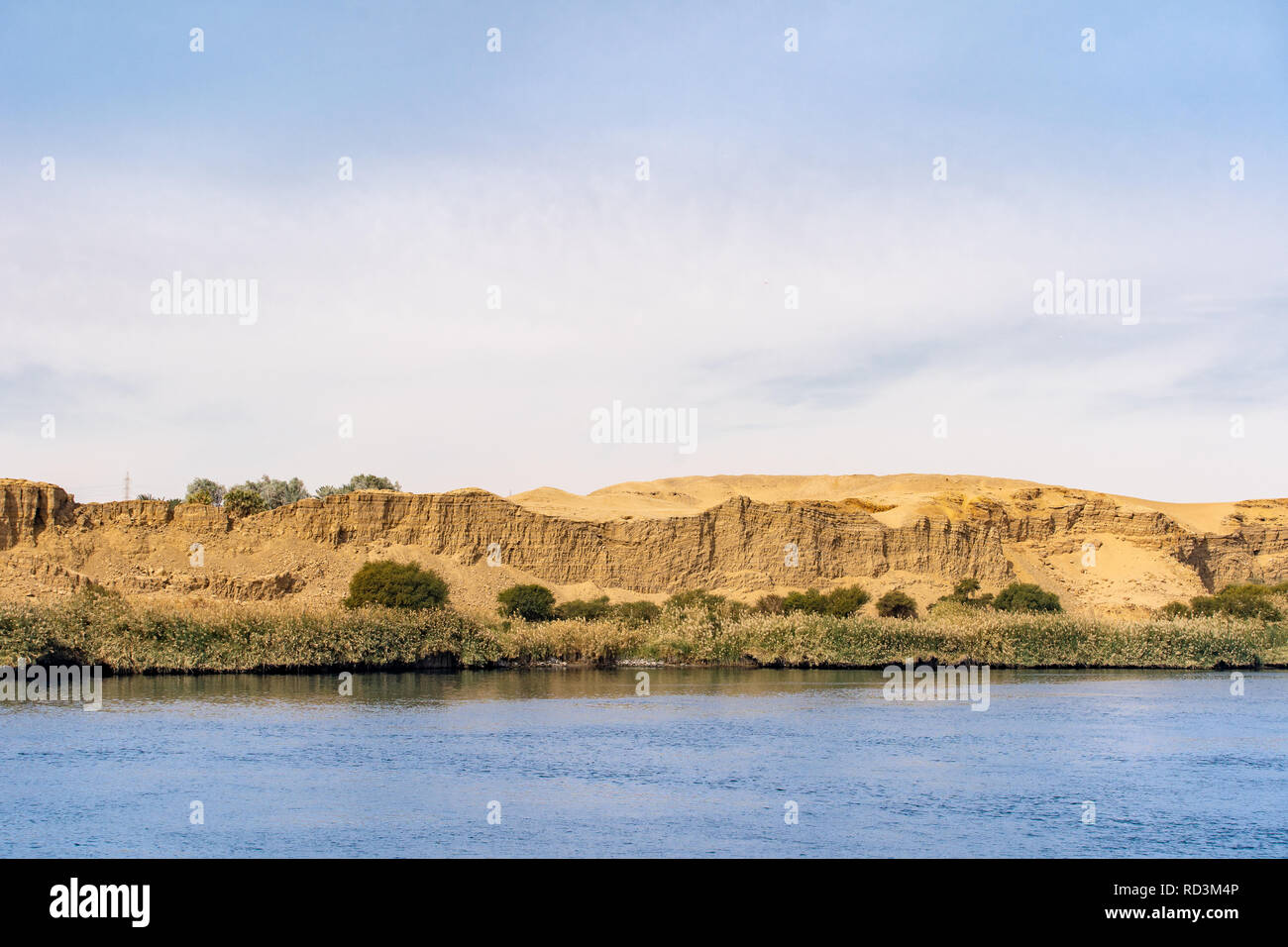 Il fiume Nilo con il suo fiume pieno di vegetaion e il deserto del Sahara vicino dal Foto Stock