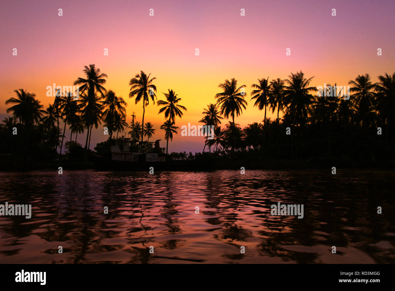 Silhouette di palme sulla spiaggia al tramonto, Tangerang, Indonesia Foto Stock