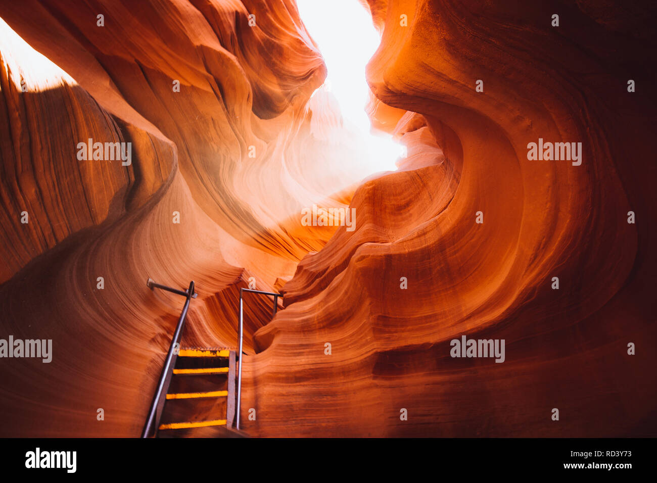 Bellissima vista di incredibili formazioni di arenaria con una scala che conduce verso la magia di un fascio di luce nella famosa Antelope Canyon vicino alla storica cittadina di Pag Foto Stock