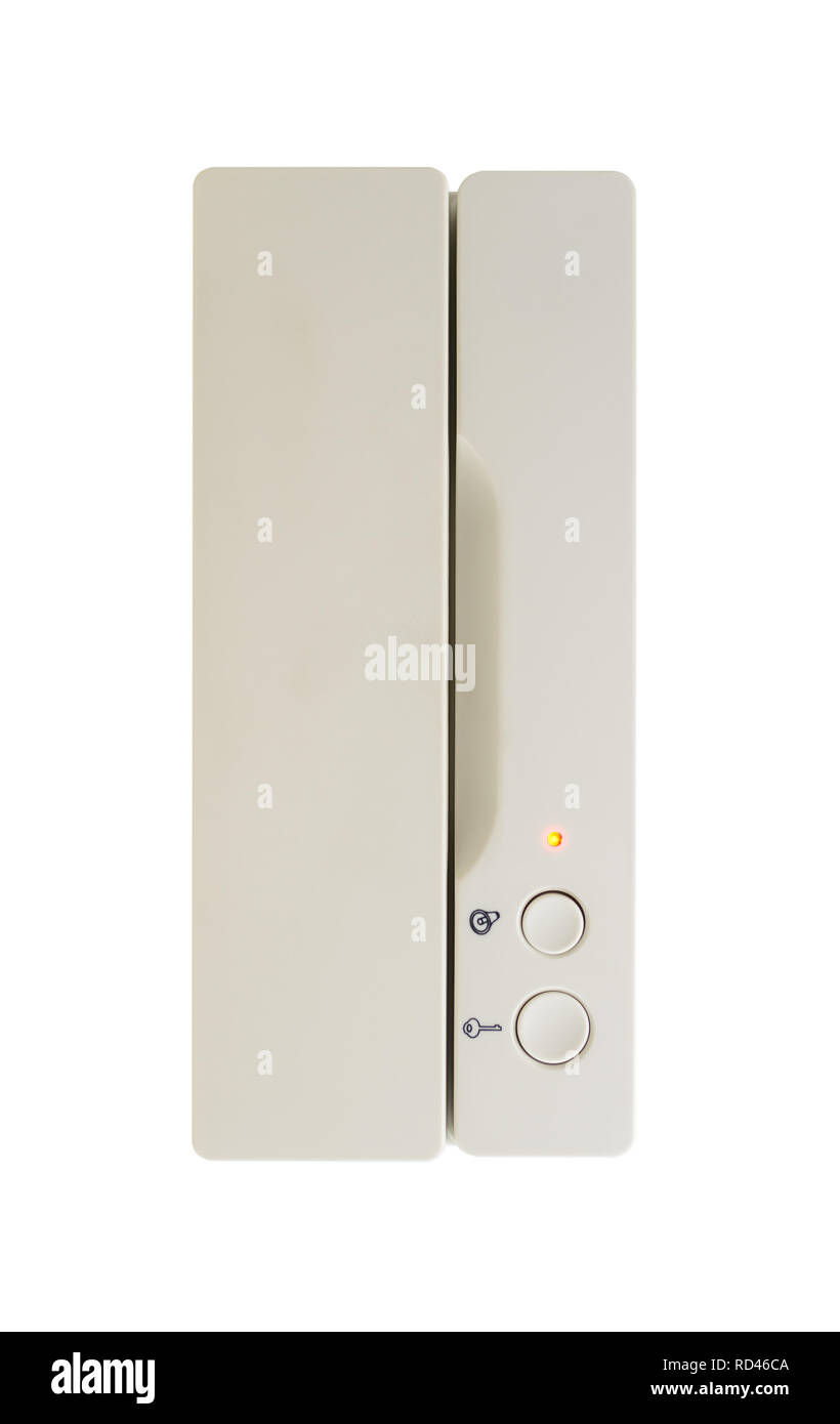 Interfono bianco, sicurezza interna sistema isolato su sfondo bianco con percorso di clipping. Foto Stock