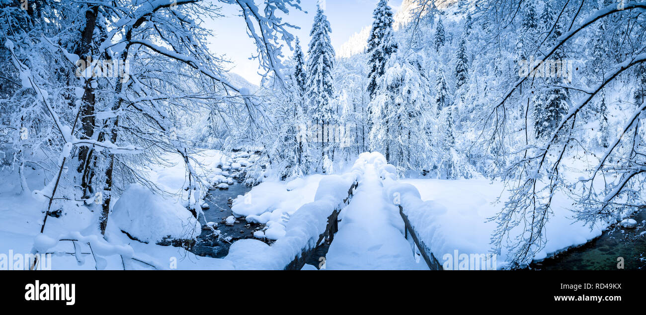 Vista panoramica di scenic inverno con ponte di legno che conduce oltre il fiume letto ricoperto di neve su una splendida fredda giornata di sole Foto Stock