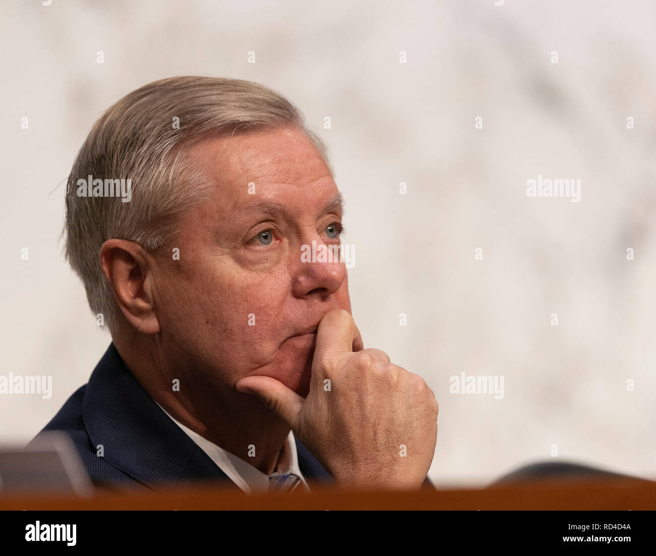 Stati Uniti il senatore Lindsey Graham (Repubblicano della Carolina del Sud) partecipa a un'audizione di conferma di William Barr ad essere gli Stati Uniti Attorney General, audizione alla Commissione giudiziaria del Senato, 16 gennaio 2019, sul colle del Campidoglio di Washington DC. Credito: Chris Kleponis/CNP | Utilizzo di tutto il mondo Foto Stock