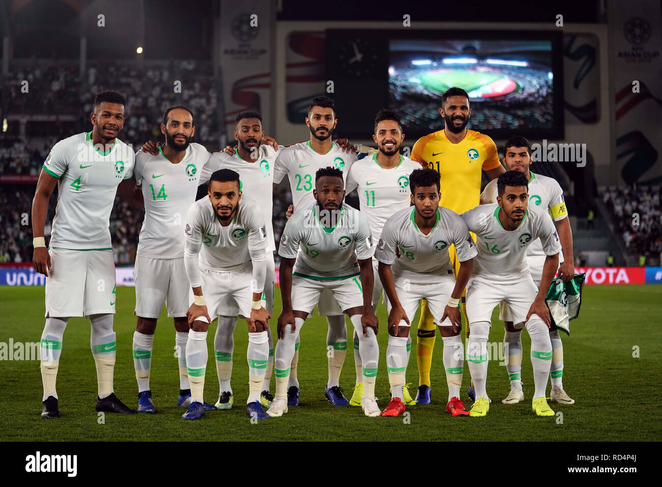 Il 17 gennaio 2019 : Saudia Arabia team durante l'Arabia Saudita v Qatar all'Zayed Sport City Stadium di Abu Dhabi, Emirati arabi uniti, AFC Asian Cup, Asian campionato di calcio. Ulrik Pedersen/CSM. Foto Stock
