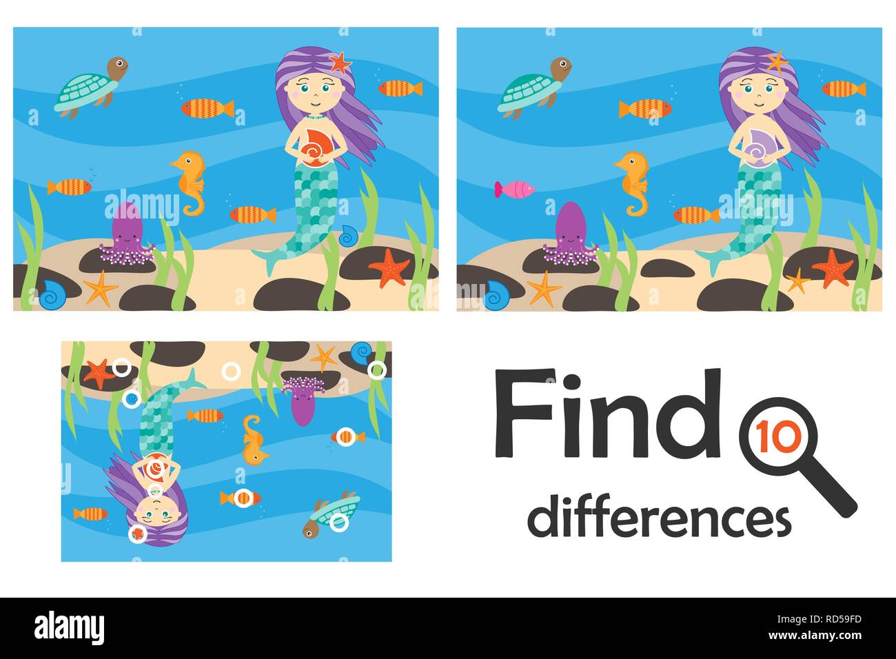 Trovare 10 differenze, gioco per i bambini, il Mermaid sott'acqua in stile cartoon, gioco di educazione per i bambini in età prescolare attività del foglio di lavoro, compito per la devel Illustrazione Vettoriale