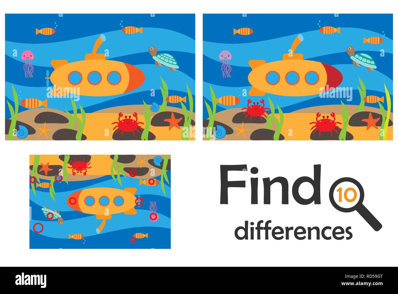 Trovare 10 differenze, gioco per i bambini, sea world underwater in stile cartoon, gioco di educazione per i bambini in età prescolare attività del foglio di lavoro, compito per il dev Illustrazione Vettoriale