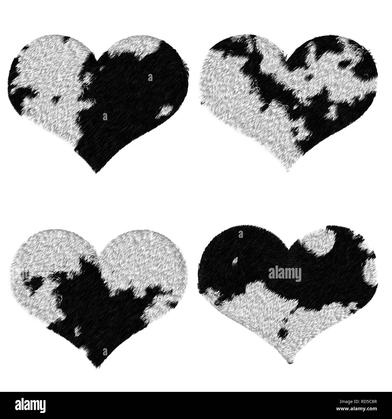 Quattro cuori con vacchetta modello a trama, in bianco e nero Foto Stock