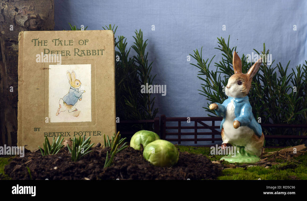 Vintage Beatrix Potter libro del racconto di Peter Rabbit e ceramica Beswick figura. Still Life Foto Stock