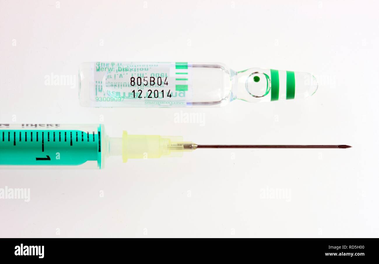 Siringa monouso, ago, fiala, vaccino Foto Stock