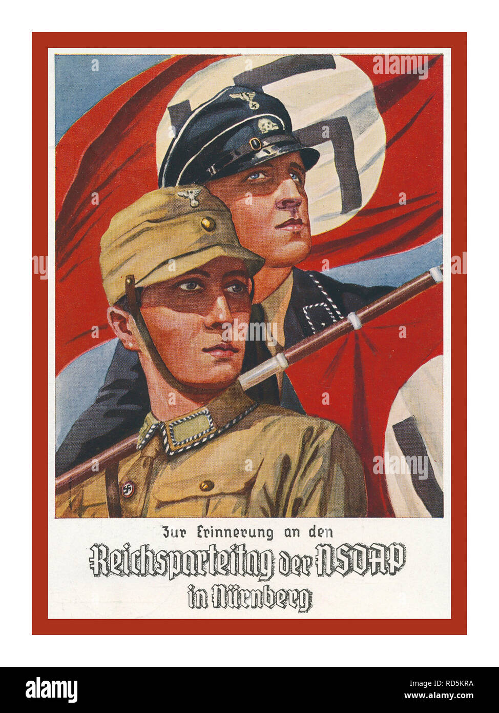 Vintage NSDAP German Propaganda 1936, Reichsparteitag-Karte mit SA- und SS-Mann mit Fahnen Swastika Flags Nurnberg Germania Foto Stock