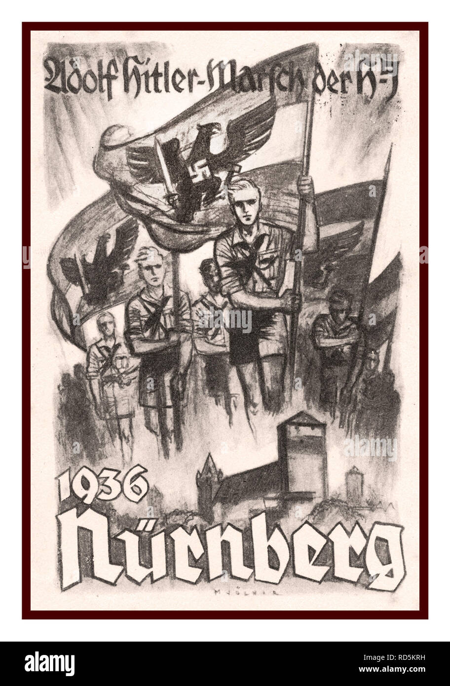 L'annata 1936 nazista di Norimberga Rally Poster con Hitler Gioventù portando bandiere con la svastica impostato nell'aquila tedesca Foto Stock