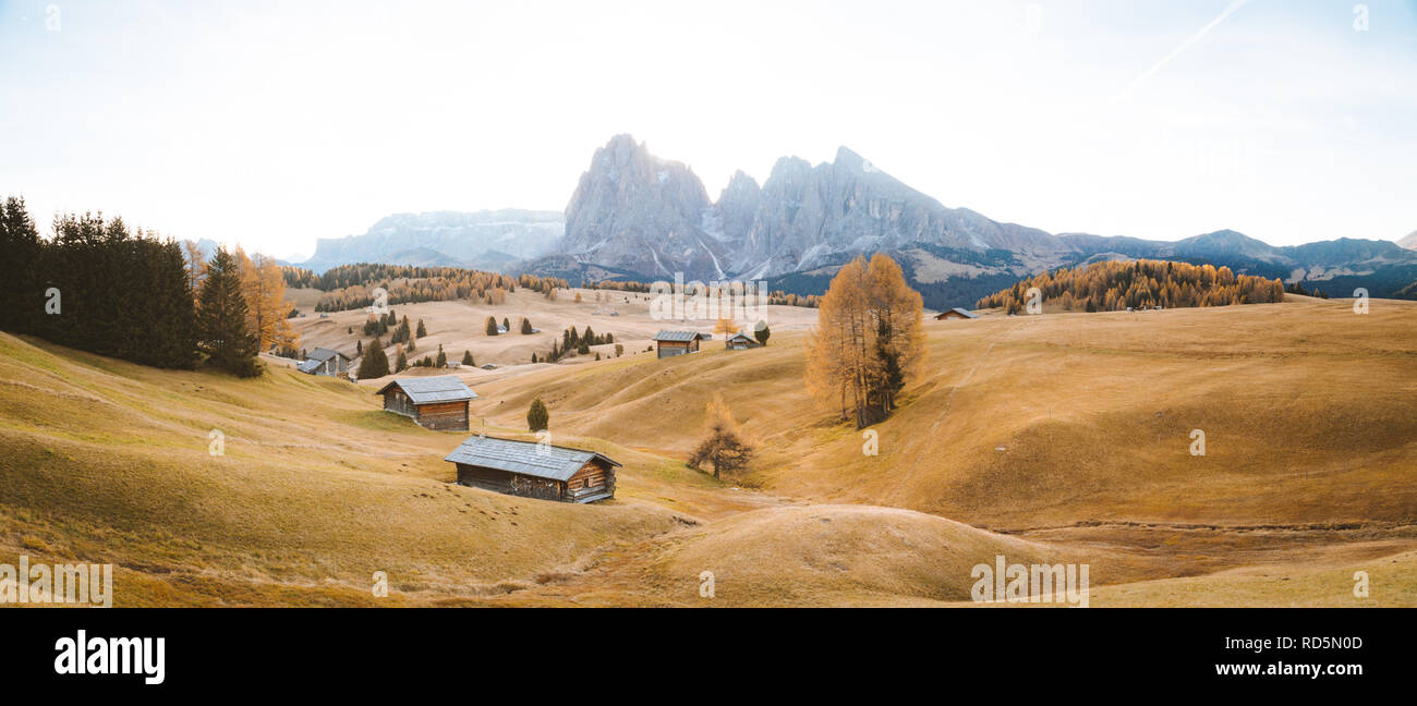 Bellissima vista del legno tradizionale chalet di montagna su SCENIC Alpe di Siusi con il famoso Sassolungo picchi di montagna in background in golden mattina Foto Stock
