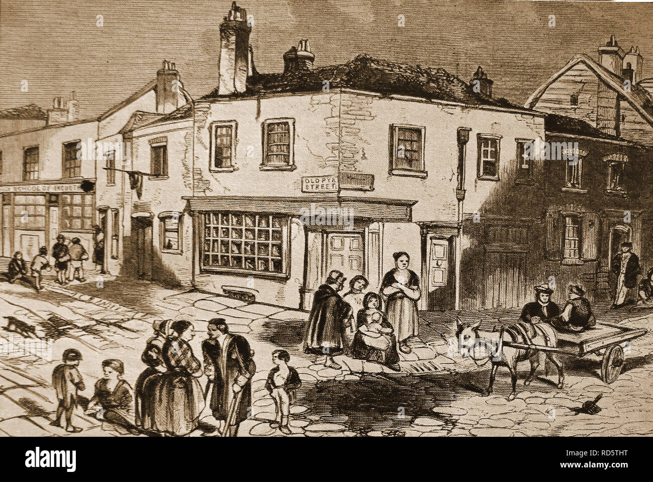 Vecchio Pye Street nella città di Londra (Westminster) Regno Unito nel XIX secolo che mostra proprietà (compresa una scuola industriale (estrema sinistra) e residenti nel corso di un periodo di baraccopoli giochi. La zona era conosciuta per la sua scarsa,mendicanti e prostitute e fu conosciuto localmente come il diavolo (acri dagli scritti di Charles Dickens) Foto Stock