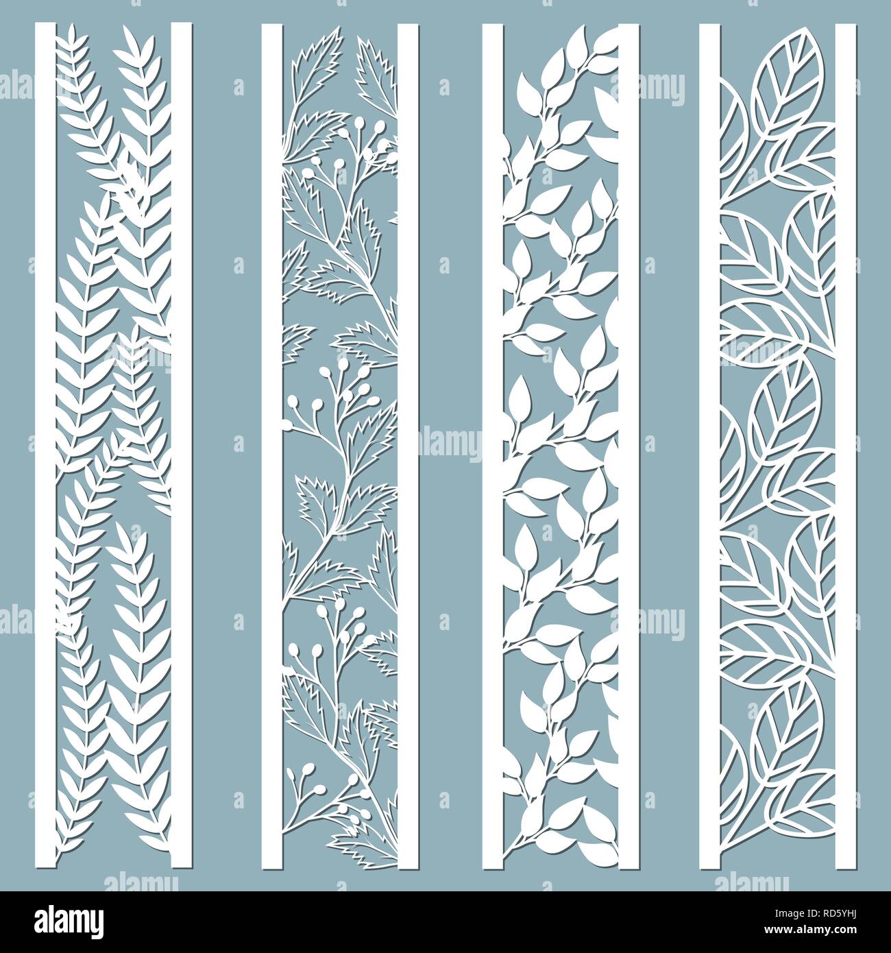Stampo e taglio laser pannelli ornamentali con motivo floreale. foglie e bacche, felce. Taglio Laser pizzo decorativo confini pattern. Set di modelli di segnalibri Illustrazione Vettoriale