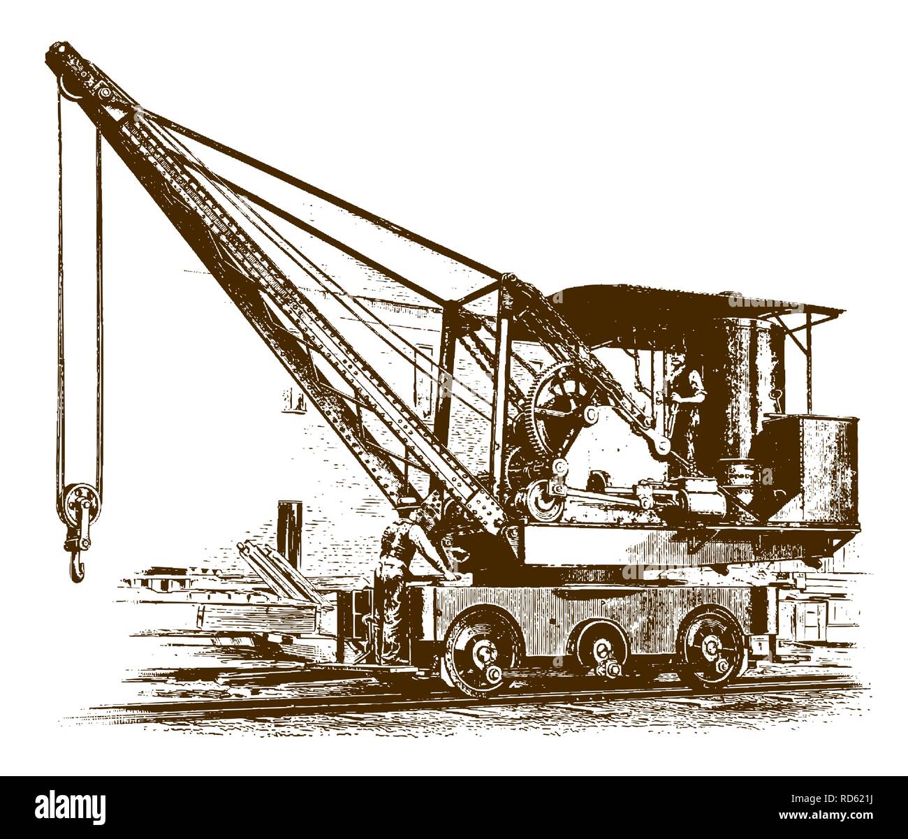 Due lavoratori in piedi su una locomotiva storica craneÊ(dopo un attacco o incisione del XIX secolo) Illustrazione Vettoriale