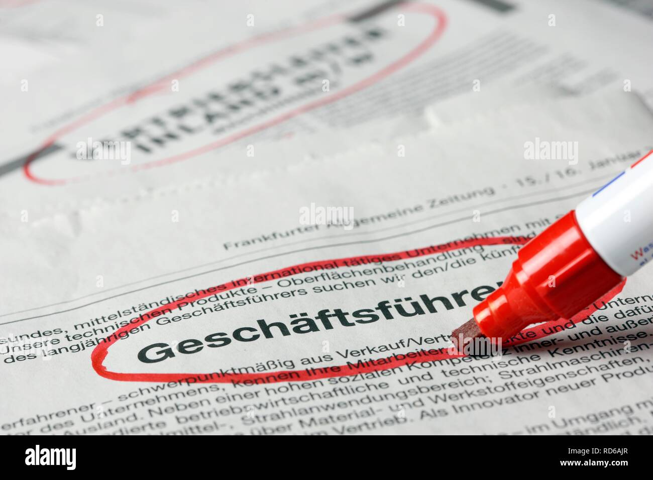 Ricerca di lavoro, occupazione annuncio in un giornale di annunci circlede per Geschaeftsfuehrer o manager Foto Stock