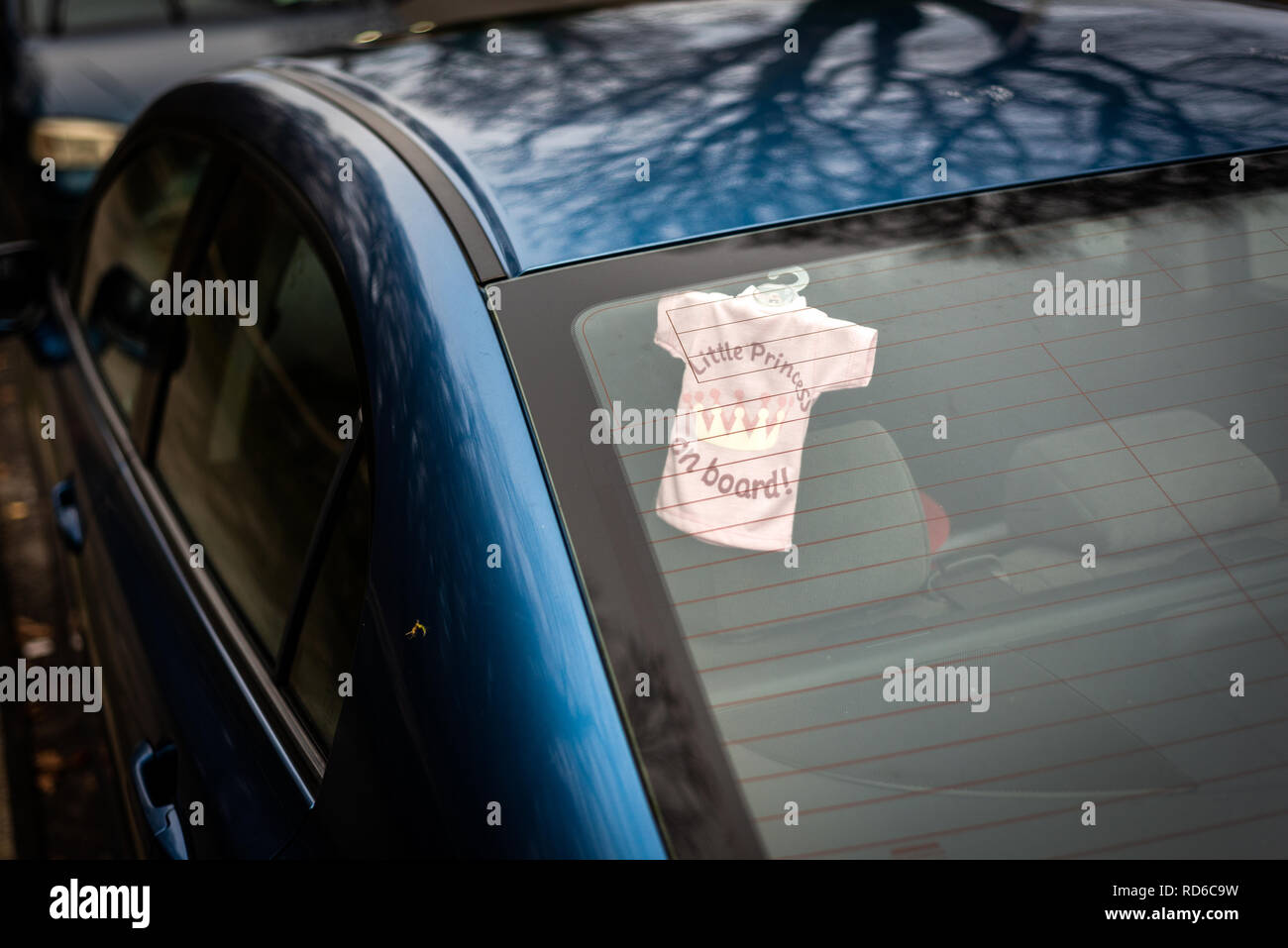 Concetto di sicurezza per i bambini, insegna piccola principessa a bordo dell'auto sul finestrino posteriore dell'auto. Foto Stock