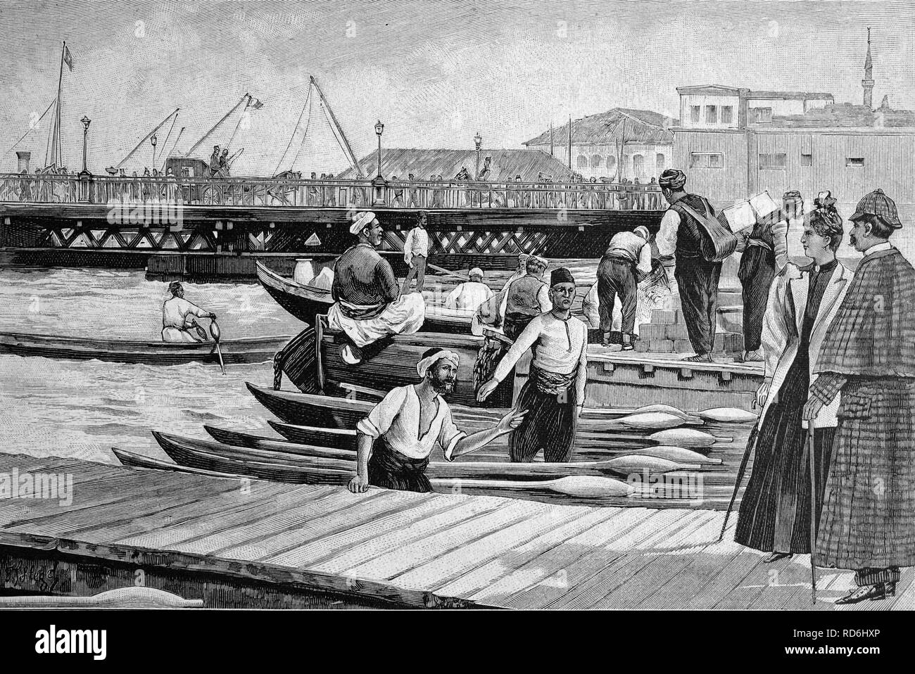 Vettori e guide sul ponte del Golden Horn a Costantinopoli, la storica foto, circa 1893 Foto Stock