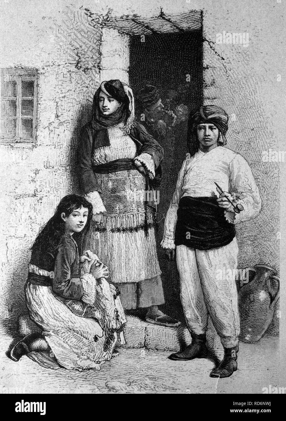 Abitanti cristiani di Chios, Grecia, storico illustrazione, circa 1886 Foto Stock