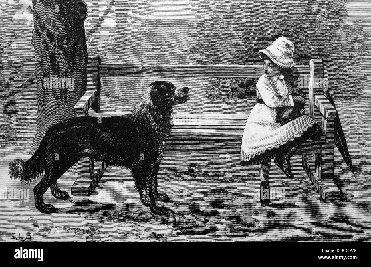 Bambino con un cane, storico, illustrazione, circa 1886 Foto Stock