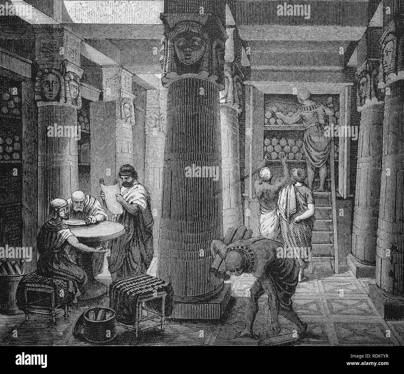 Nella biblioteca di Alessandria, Egitto, storico xilografia, circa 1870 Foto Stock