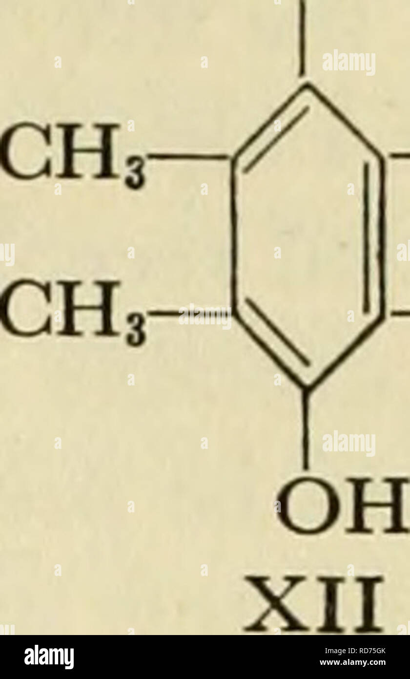 . Correnti nella ricerca biochimica. Biochimica -- Ricerca; biochimica; ricerca. LEONOR MICHAELIS eccessivamente in soluzione alcalina può essere scritta come di formula XI e quali o -O OH io k CH3-/N-CHs CH3- / -CH3 CH3- Y 0 x -CH3 CH3 -CHs. -CH3 -CH3 -o XI in meno soluzione alcalina consentirebbe di aggiungere prima uno e poi un altro, protone per formare XII. Questa è la consueta riduzione bivalente. L'inter- mediare, sostanza marrone è il risultato di una riduzione monovalente; e può essere illustrato mediante vari metodi, che sarà descritto più avanti (vedi pagine 215 e 217), che ha la stessa dimensione molecolare come XI e differisce fro Foto Stock