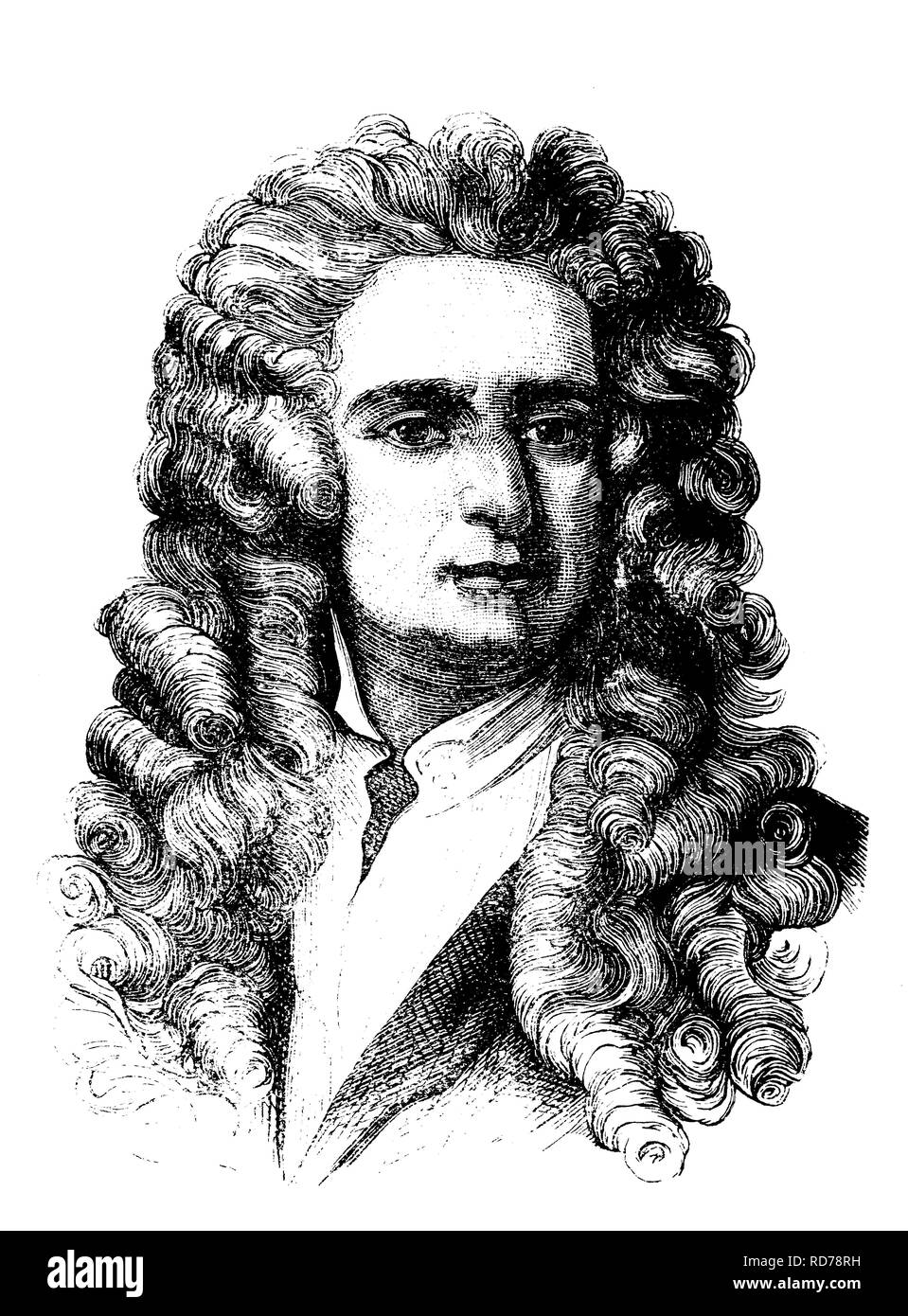 Isaac Newton, 1643 - 1727, naturalista inglese, storico xilografia, circa 1880 Foto Stock