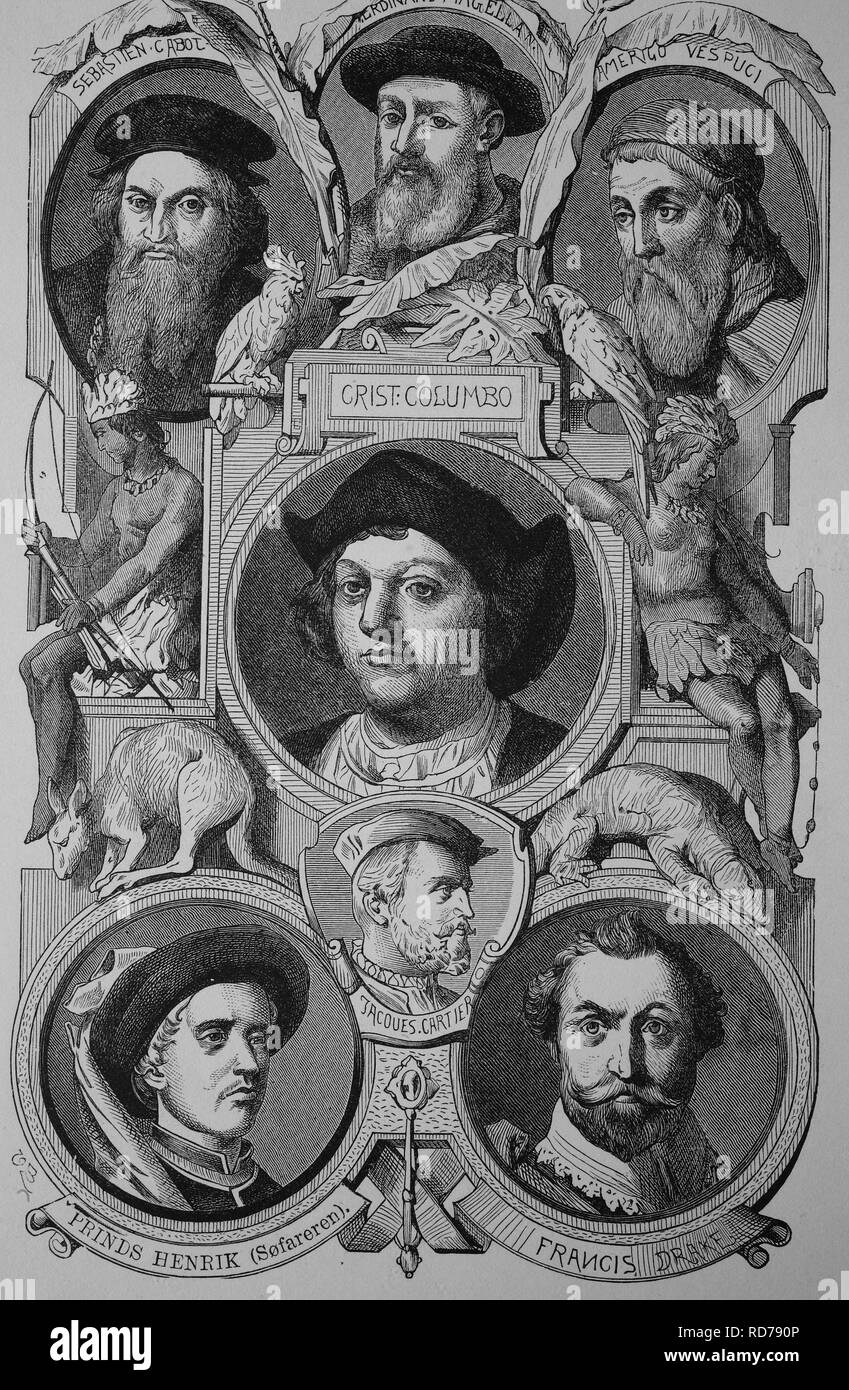 Conquistatori e gli esploratori: Sebastian Cabot, Ferdinando Magellano, Amerigo Vespucci, Cristoforo Colombo, Francis Drake Foto Stock