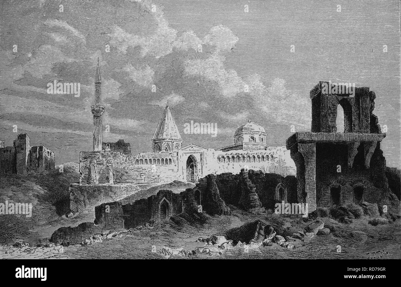 Le rovine del palazzo di Seljuk a Konya, Turchia, storico xilografia, 1870 Foto Stock