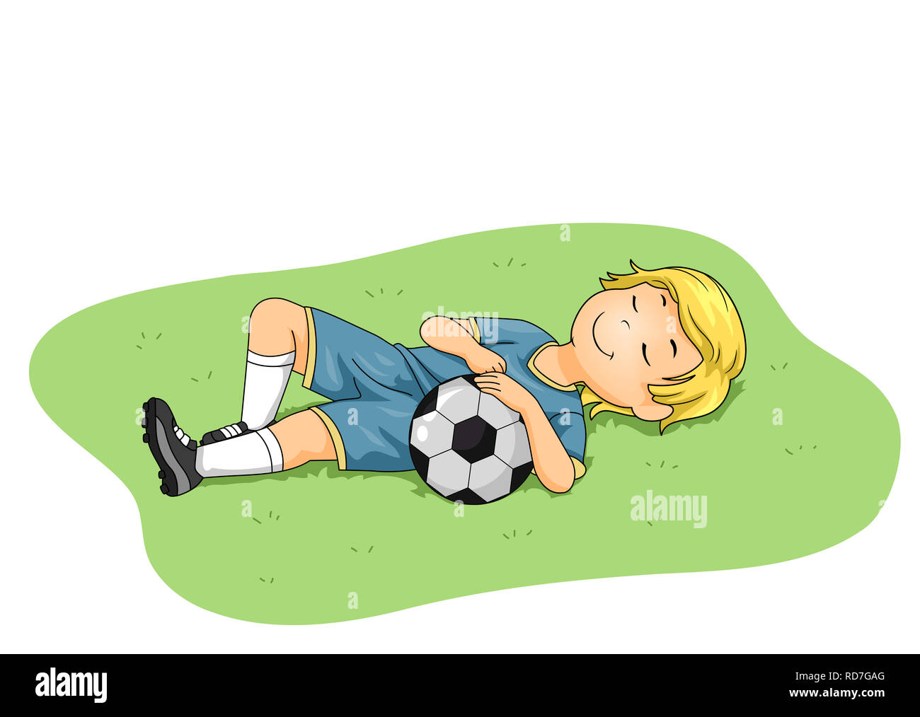 Illustrazione di un bambino Bambino addormentato nel campo esterno tenendo un pallone da calcio Foto Stock