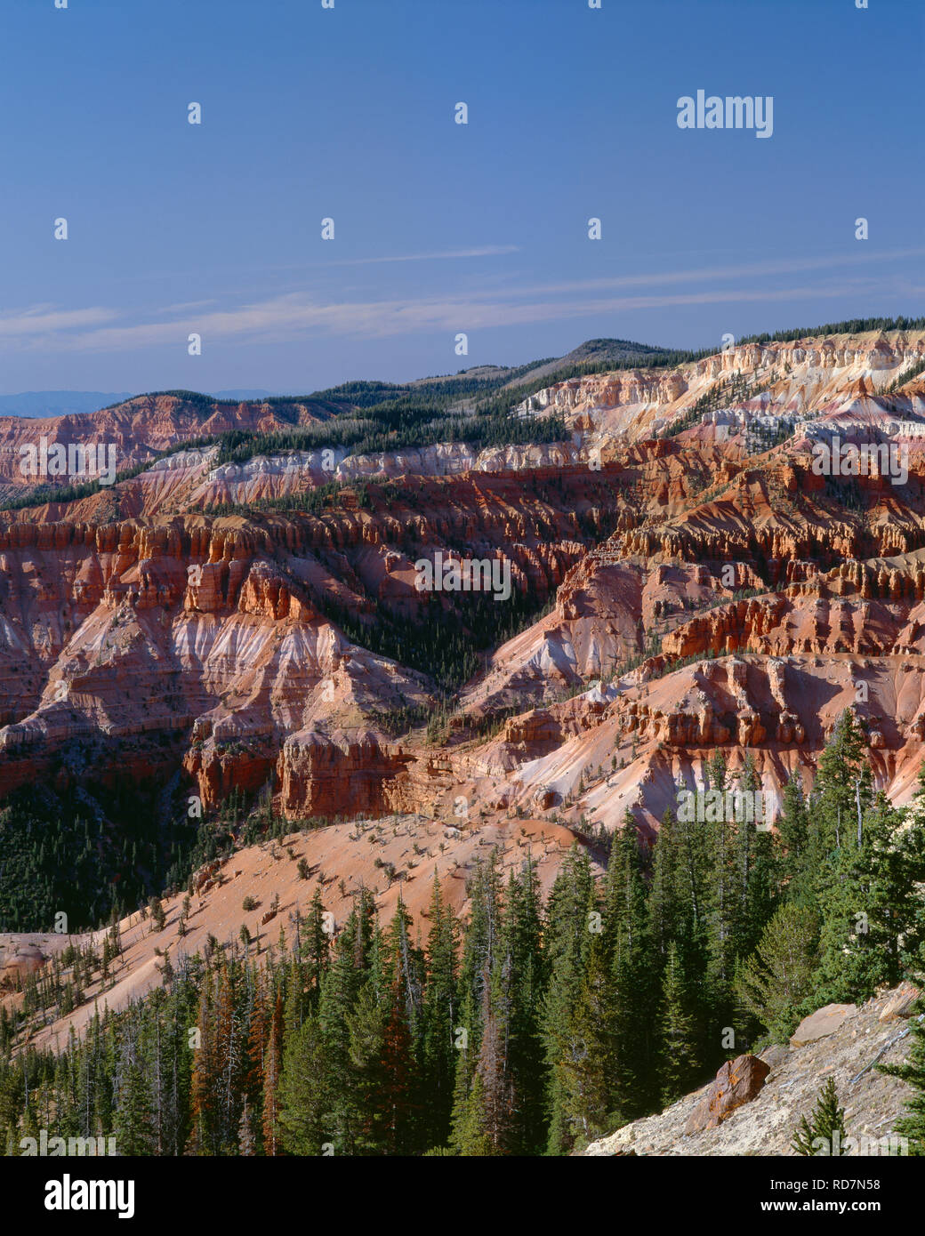 Stati Uniti d'America, Utah, Cedar Breaks National Monument, multicolore, eroso formazioni rocciose riempire anfiteatro naturale, vista nord-ovest dal punto supremo. Foto Stock